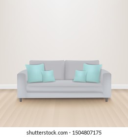 Sofa Bed With Mint Pillows With Gradient Mesh, Vector Illustration