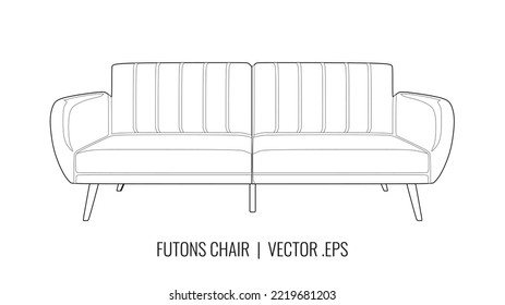 Sofa Bed Outline Vector, Modern Living Room Or Bedroom Furniture In Realistic Design Illustration. Futon Sleeper In Trendy Design Style, Be Loved And High Usage By People. Suitable For Many Purposes