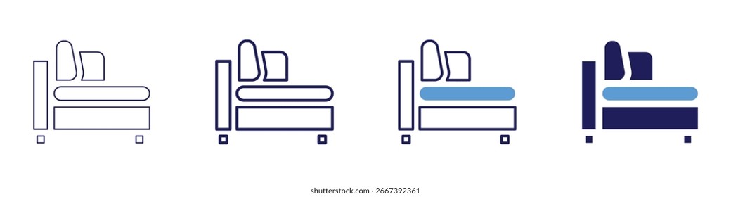 Ícone de cama Sofa em 4 estilos diferentes. Linha Fina, Linha, Linha Negrito, Duotônico. Estilo duotônico. Traçado editável.
