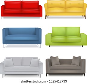 Sofa Big Set Isolated White Background With Gradient Mesh, Vector Illustration