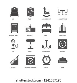 Sofa, Bird cage, Bed, Stairs, Socket, Bedside table, Fan, Clock, Washing machine, Rocking chair icon 16 set EPS 10 vector format. Icons optimized for both large and small resolutions.