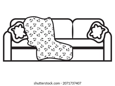 
Sofa and blanket. Symbol or icon of three seater sofa with two cushions and a blanket in black stroke on white background