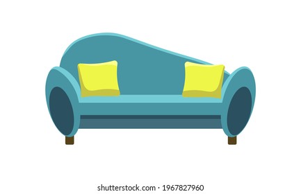 Sofa and sofa blue colorful cartoon illustration vector. Comfortable salon for interior design isolated on white background. Modern blue sofa with yellow cushions.