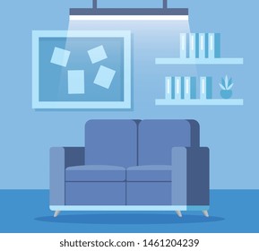 sofa and bookcase with books and noteboard information