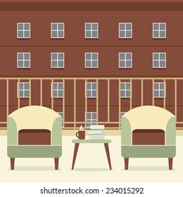 Sofa With Books And Coffee At Balcony Vector Illustration