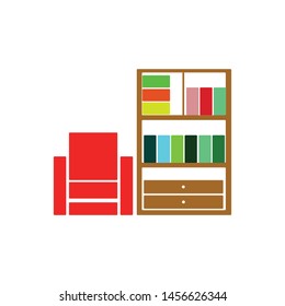 sofa and books in the rack are designed
