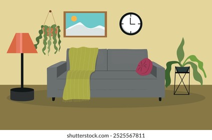 sofa, bookshelf and photo. Living room interior. Flat style vector illustration.