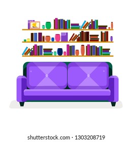 Sofa and bookshelves with books and vases. Element of the interior. Library.