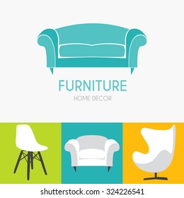 Sofa Business sign set vector template for furniture store, home decor boutique, furniture design. Couch silhouette icon. Corporate web site element. Layered editable design