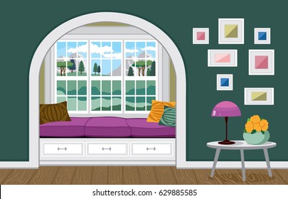 Sofa by the window with a view of the mountains. Modern interior in scandinavian style with bright accents. A tea table with flowers and a lamp. Vector illustration of a living room with large windows