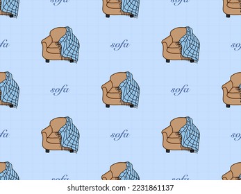 Sofa cartoon character seamless pattern on blue background