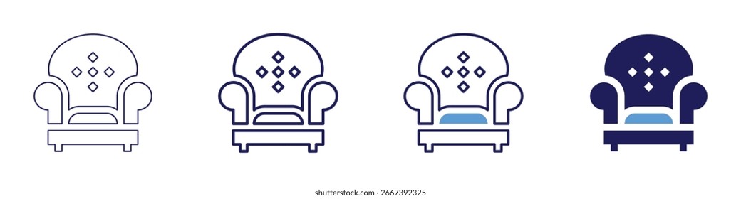 Sofá ícone de rodízio em 4 estilos diferentes. Linha Fina, Linha, Linha Negrito, Duotônico. Estilo duotônico. Traçado editável.