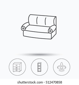 Sofa, ceiling lamp and shelving icons. Chest of drawers linear sign. Linear icons in circle buttons. Flat web symbols. Vector