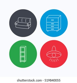 Sofa, ceiling lamp and shelving icons. Chest of drawers linear sign. Linear icons on colored buttons. Flat web symbols. Vector