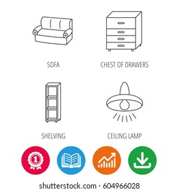 Sofa, ceiling lamp and shelving icons. Chest of drawers linear sign. Award medal, growth chart and opened book web icons. Download arrow. Vector