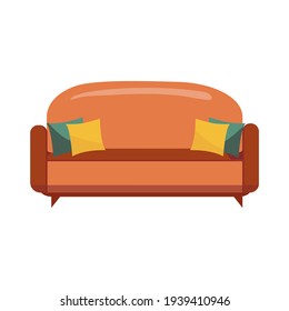 Sofa in certoon style iisolated on white background. Brown couch with pillow for cozy living room. Vector illustration. Perfect as an icon or logo for a furnitur