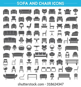 sofa and chair icons, interior furniture icons set