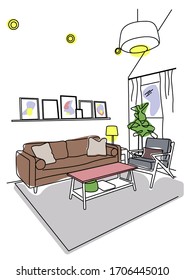 Sofa, chair, lamp and table with pot. Living room hand drawn sketch style.