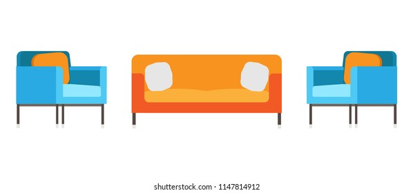 Sofa and chair office living room couch relax. Interior furniture vector isolated design. Vacation icon decoration symbol art. House armchair equipment settee with pillows. Flat cushion element set