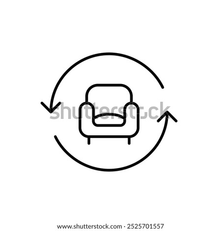 Sofa chair in refresh arrows. Home makeover, furniture update. Furniture recycling or reuse. Pixel perfect, editable stroke icon