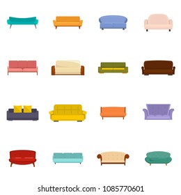 Sofa chair room couch icons set. Flat illustration of 16 sofa chair room couch vector icons isolated on white