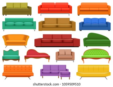 Sofa chair room couch mockup set. Realistic illustration of 16 sofa chair room couch mockups for web