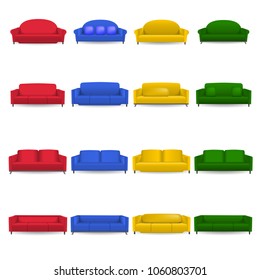 Sofa chair room couch mockup set. Realistic illustration of 16 sofa chair room couch mockups for web