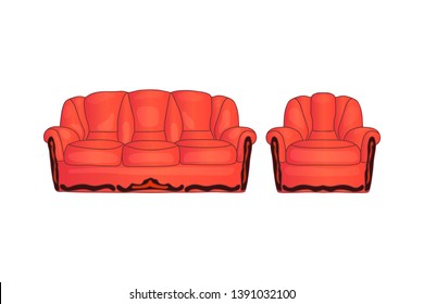 sofa and chair set coral color on a white background