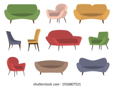 Sofa and chair set . Living room furniture design concept modern home interior element flat vector. Contemporary furniture home office isolated on white. Modern sofa with soft cloth upholstery