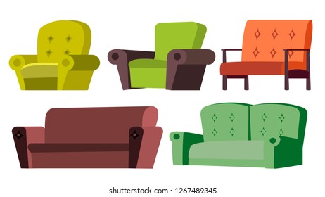 Sofa, Chair Set Vector. Home Furniture. Living Room. Isolated Cartoon Illustration