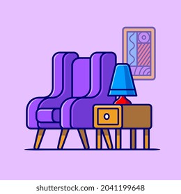 Sofa Chair With Table And Lamp Cartoon Vector Icon Illustration. Interior Indoor Icon Concept Isolated Premium Vector. Flat Cartoon Style