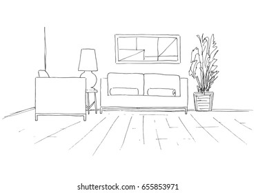 Sofa, chair, table with lamp and a large potted plant. Hand drawn vector illustration of a sketch style.