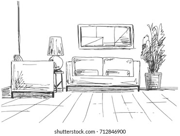 Sofa, chair, table with lamp and a large potted plant. Hand drawn vector illustration of a sketch style.