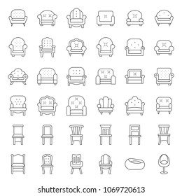 Sofa and chair, thin line icon set