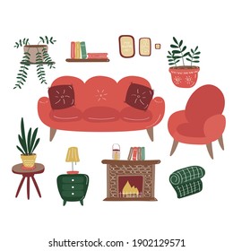 Sofa chair-fireplace, coffee table, bookshelf, table, blanket, houseplants. Interior elements set. Details of cozy home. Flat hand drawn vector graphic