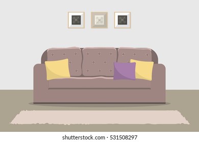 Sofa in cocoa color with pillows. There are also three pictures on the wall. Vector flat illustration