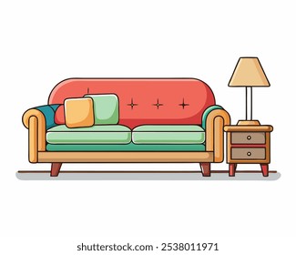  Sofa with coffee table. Modern furniture. Sofa with cushion, wooden center table and floor lamp Vector flat cartoon illustration on white background