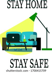 Sofa and coffee table with open laptop. Interior work office evening or night. Concept - freelance and self isolation on pandemic coronavirus. Stay home - stay safe. Illustration in flat style.