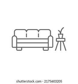 Sofa and Coffee table with plant line icon. linear style sign for mobile concept and web design. Waiting room interior outline vector icon. Symbol, logo illustration. Vector graphics