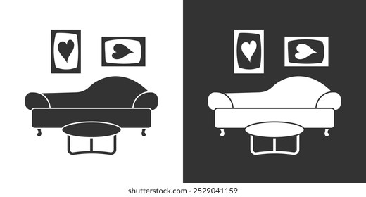 Sofá, mesa de centro, dos carteles de arte moderno. Icono de muebles de estilo plano. Versión en blanco y negro. Concepto de diseño interior.