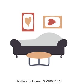Sofa, coffee table, two modern art posters with hearts. Vector color icon in flat style on a white background. Interior design concept
