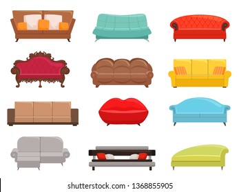 Sofa collection. Comfortable couch and sofa-bed set, interior fashion sofas furniture, house modern canaps vector colored illustration