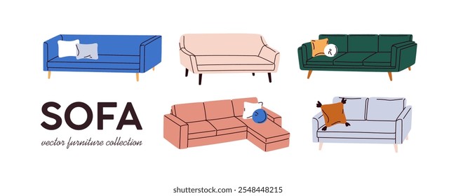 Coleção de sofás. Sofá definido, design de móveis elegantes e confortáveis. Aconchegantes confortáveis lounge assentos com almofadas suaves para interiores da sala de estar. Ilustração de vetor plano isolada no plano de fundo branco