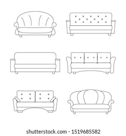 sofa, a collection of linear icons. vector illustration. upholstered furniture for the house, bed.