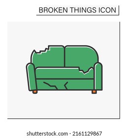 Sofa Color Icon. Destroyed Furniture. Smashed Couch In Living Room. Vandalism, Chaos. Broken Things Concept. Isolated Vector Illustration