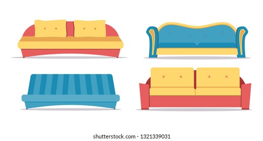 Sofa colored vector set. Collection of sofa illustration. Comfortable couch collection isolated on white background for interior design.