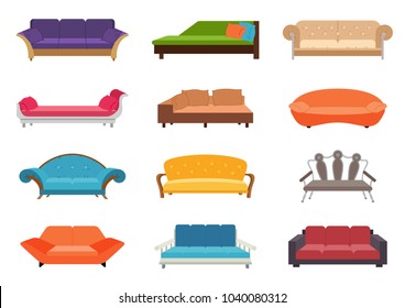 Sofa colored vector set. Comfortable couch collection isolated on white background for interior design. Collection of sofa illustration