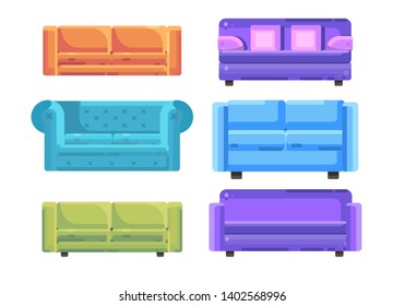 Sofa colored vector set. Comfortable couch collection isolated on white background for interior design. Flat cartoon style illustration.