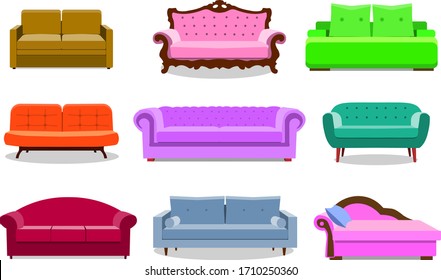 Sofa colored vector set. Comfortable couch collection isolated on white background for interior design. Collection of divan illustration EPS