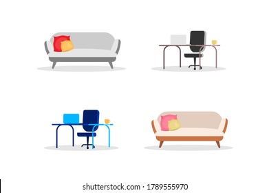 Sofa and computer table flat color vector objects set. Couch with pillows. Desk with laptop. Office and home furniture isolated cartoon illustration for web graphic design and animation collection